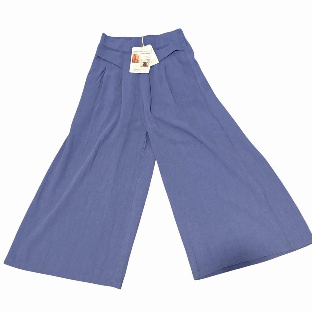 Women's Blue Wide-Leg Crop Pants Size S Cotton Linen Blend Size Small Pockets
